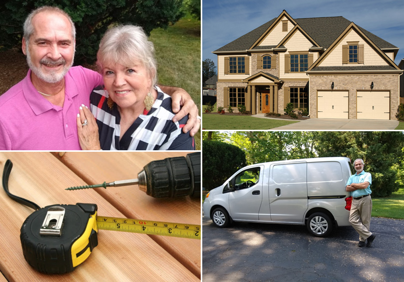 Collage of Chuck and Linda Addy with home, white van and tool image